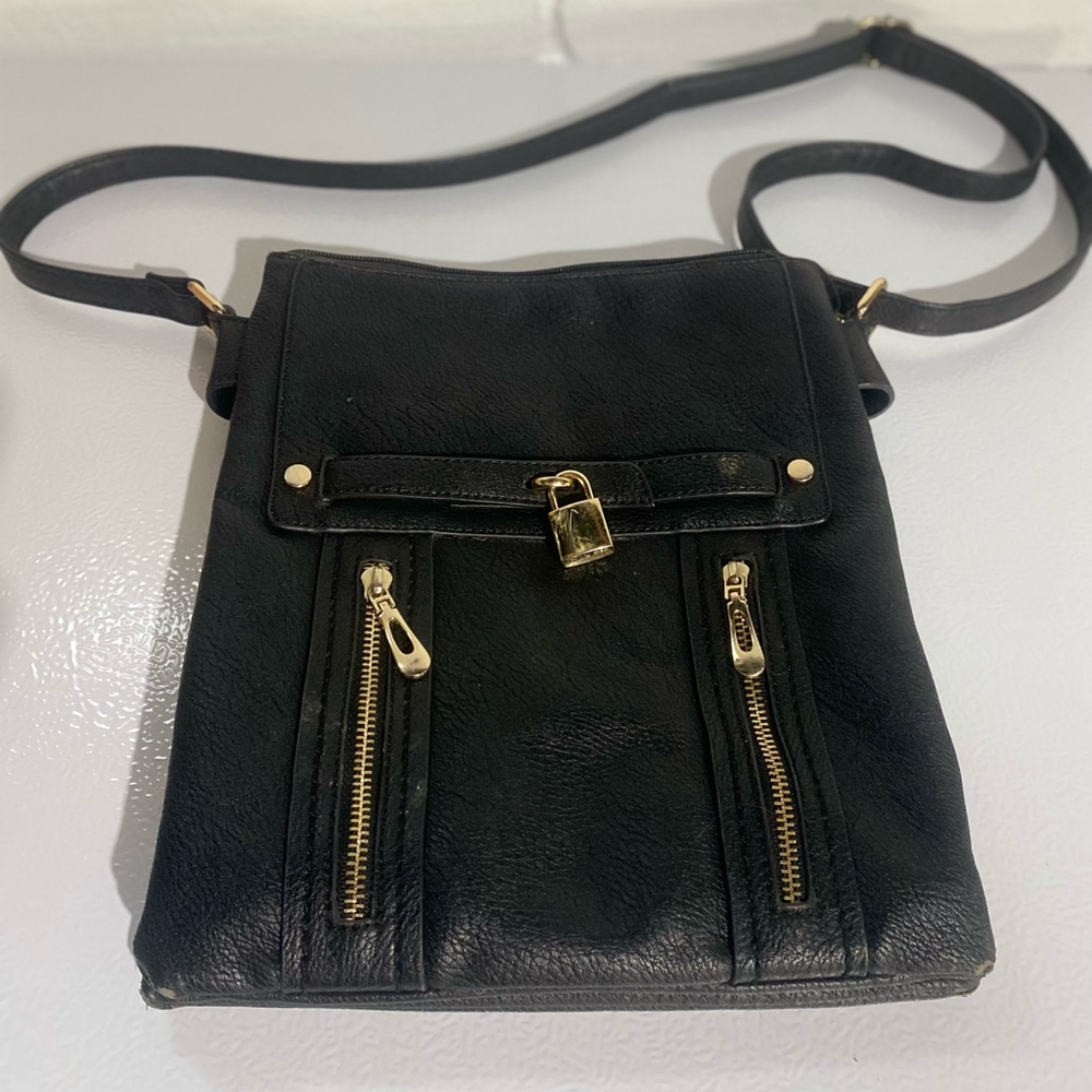 Black w/ gold accent lock & zippers shoulder bag